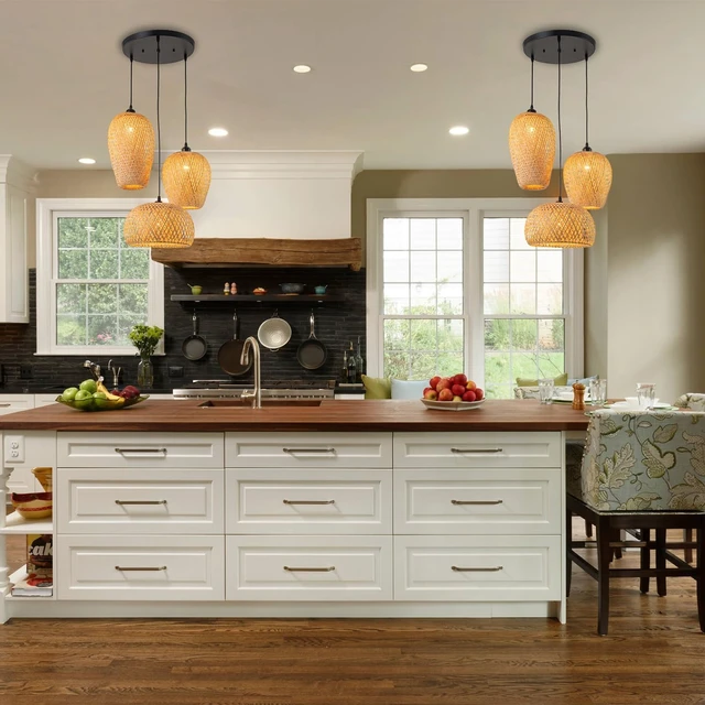 Alt view image 6 of 7 - Rattan Pendant Light Bamboo Hanging Light 3-Lights Boho Pendant Light Fixture Woven Basket Wicker Shade Rattan Chandelier for Living Room Dining Room Kitchen