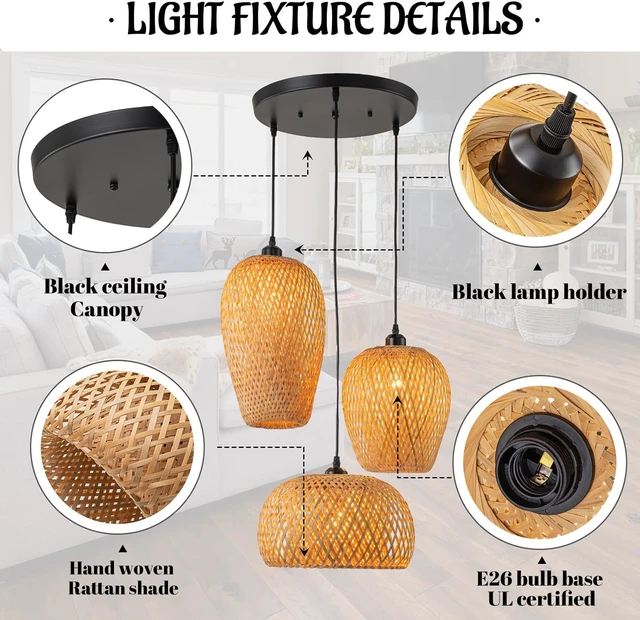 Alt view image 4 of 7 - Rattan Pendant Light Bamboo Hanging Light 3-Lights Boho Pendant Light Fixture Woven Basket Wicker Shade Rattan Chandelier for Living Room Dining Room Kitchen