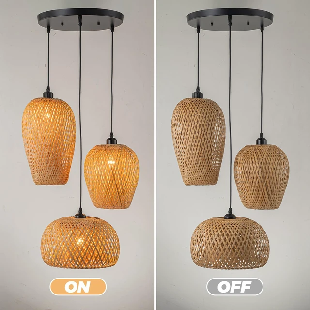 Alt view image 5 of 7 - Rattan Pendant Light Bamboo Hanging Light 3-Lights Boho Pendant Light Fixture Woven Basket Wicker Shade Rattan Chandelier for Living Room Dining Room Kitchen