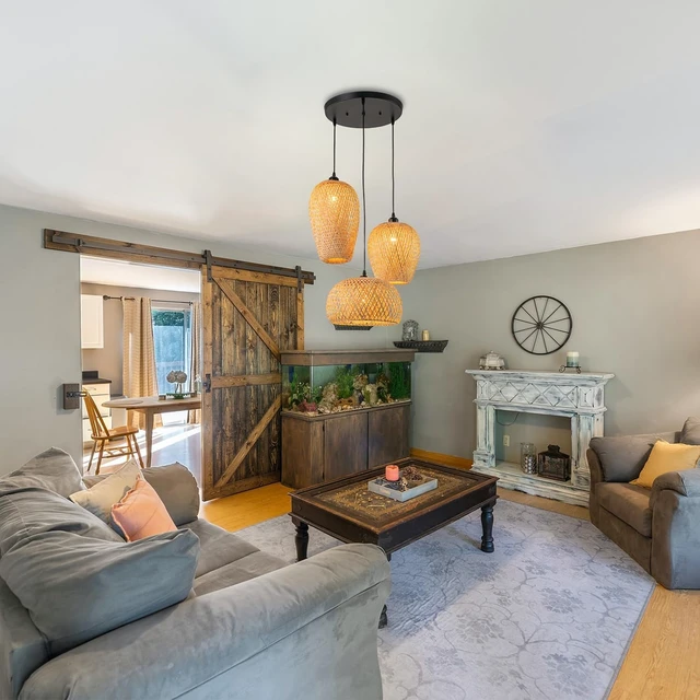 Alt view image 7 of 7 - Rattan Pendant Light Bamboo Hanging Light 3-Lights Boho Pendant Light Fixture Woven Basket Wicker Shade Rattan Chandelier for Living Room Dining Room Kitchen