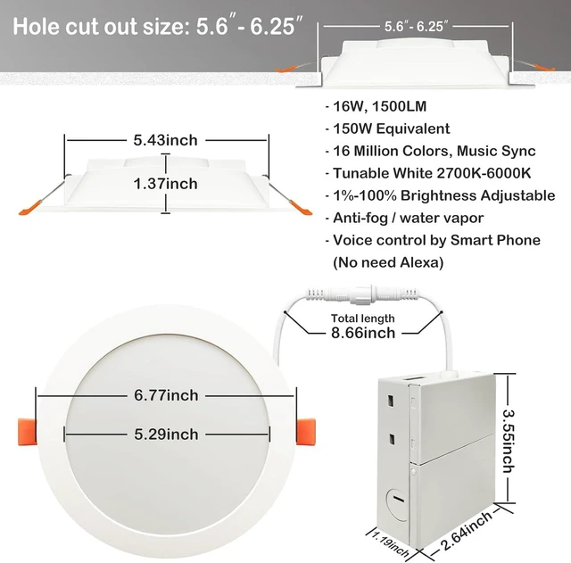 Alt view image 2 of 7 - MELPO Smart Recessed Lighting 6 Inch Compatible with Alexa & Siri1500LM RGBWW Recessed Ceiling Light 2700K-6000K16 Million ColorsMusic Sync DIY Scenes16W LED Downlight with Junction Box12 Pack