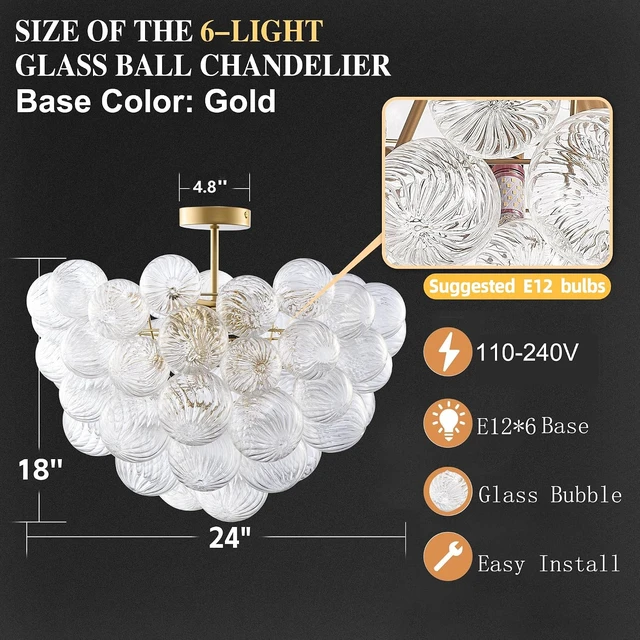 Alt view image 2 of 7 - Bubble Semi Flush Ceiling Light Chandelier Gold and Clear, 24" Dia