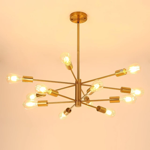 Alt view image 2 of 7 - 12-Light Modern Sputnik Chandelier, Mid Century Gold Ceiling Chandeliers, E26 Base, Branch Height Adjustable Pendant Lighting Fixture for Kitchen Island Dining Room Living Room Bedroom