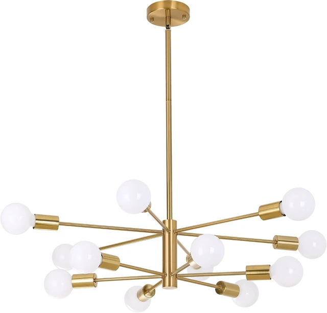 Alt view image 3 of 7 - 12-Light Modern Sputnik Chandelier, Mid Century Gold Ceiling Chandeliers, E26 Base, Branch Height Adjustable Pendant Lighting Fixture for Kitchen Island Dining Room Living Room Bedroom