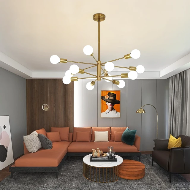 Alt view image 5 of 7 - 12-Light Modern Sputnik Chandelier, Mid Century Gold Ceiling Chandeliers, E26 Base, Branch Height Adjustable Pendant Lighting Fixture for Kitchen Island Dining Room Living Room Bedroom
