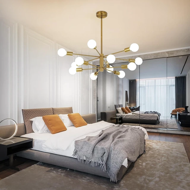 Alt view image 6 of 7 - 12-Light Modern Sputnik Chandelier, Mid Century Gold Ceiling Chandeliers, E26 Base, Branch Height Adjustable Pendant Lighting Fixture for Kitchen Island Dining Room Living Room Bedroom