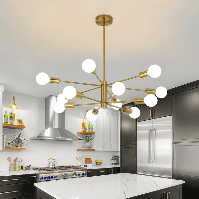 Alt view image 4 of 7 - 12-Light Modern Sputnik Chandelier, Mid Century Gold Ceiling Chandeliers, E26 Base, Branch Height Adjustable Pendant Lighting Fixture for Kitchen Island Dining Room Living Room Bedroom