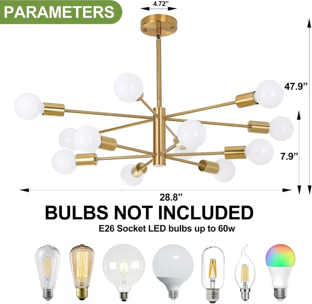 Alt view image 7 of 7 - 12-Light Modern Sputnik Chandelier, Mid Century Gold Ceiling Chandeliers, E26 Base, Branch Height Adjustable Pendant Lighting Fixture for Kitchen Island Dining Room Living Room Bedroom