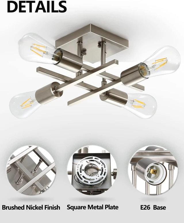 Alt view image 2 of 7 - 4-Light Semi Flush Mount Ceiling Light, Modern Brushed Nickel Close to Ceiling Light Fixtures, Easy Assembled, House Indoor Ceiling Lights for Bedroom Living Room Entryway