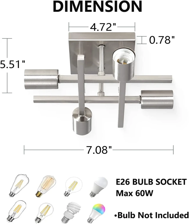 Alt view image 7 of 7 - 4-Light Semi Flush Mount Ceiling Light, Modern Brushed Nickel Close to Ceiling Light Fixtures, Easy Assembled, House Indoor Ceiling Lights for Bedroom Living Room Entryway