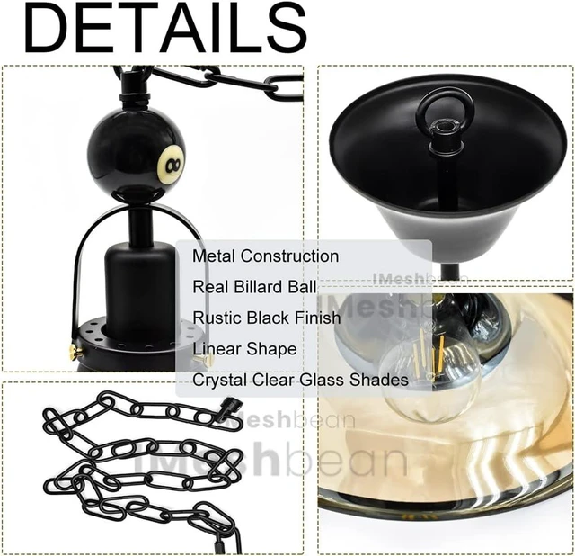 Alt view image 2 of 6 - iMeshbean Pool Table Lighting Fixtures, Ceiling Lamp for Game Room Beer Party 7' - 8 ' Table,Black Metal Ball Design Billiard Pendant Lamp with 1 Glass Shades