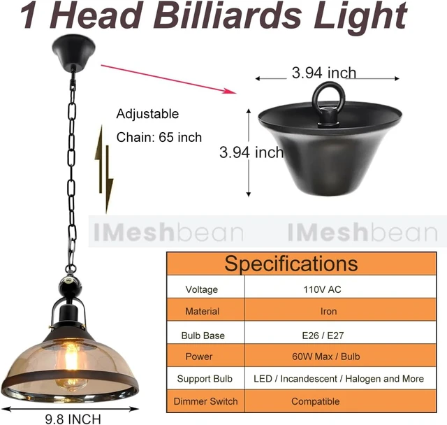 Alt view image 5 of 6 - iMeshbean Pool Table Lighting Fixtures, Ceiling Lamp for Game Room Beer Party 7' - 8 ' Table,Black Metal Ball Design Billiard Pendant Lamp with 1 Glass Shades