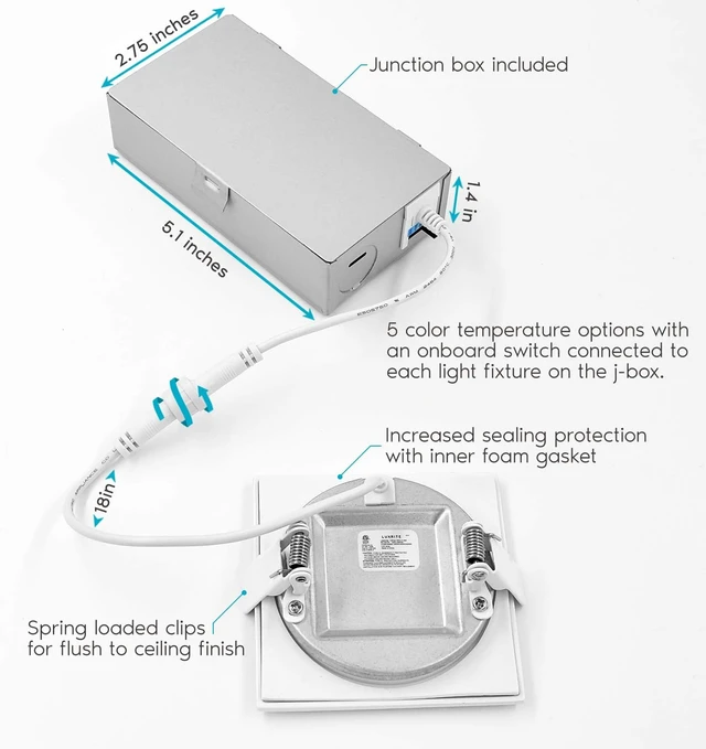 Alt view image 3 of 7 - LUXRITE 3 Inch Square Ultra Thin LED Recessed Light with J-Box, 8W (4 Pack)