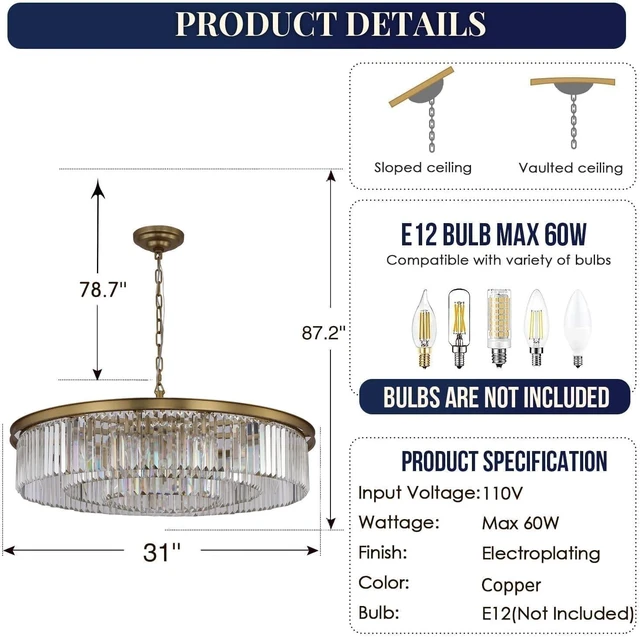 Alt view image 5 of 6 - Modern 12-Light Crystal Chandelier, 31 Inch Copper