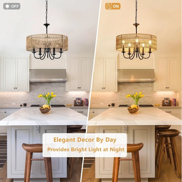 Alt view image 3 of 7 - LAMSU Modern Farmhouse Chandelier Light Fixtures, 5-Lights Large Rattan Pendant Lighting with Hand Woven Wicker Shade, Boho Black Chandeliers for Dining Room Living Room Kitchen Island Bedroom