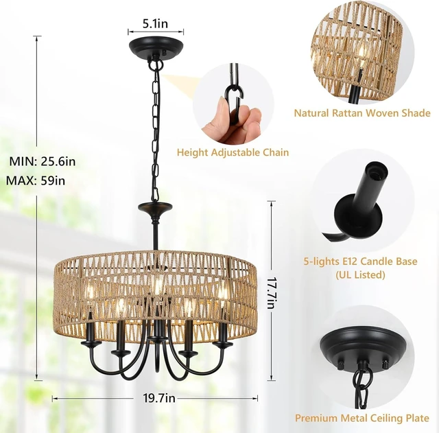 Alt view image 4 of 7 - LAMSU Modern Farmhouse Chandelier Light Fixtures, 5-Lights Large Rattan Pendant Lighting with Hand Woven Wicker Shade, Boho Black Chandeliers for Dining Room Living Room Kitchen Island Bedroom