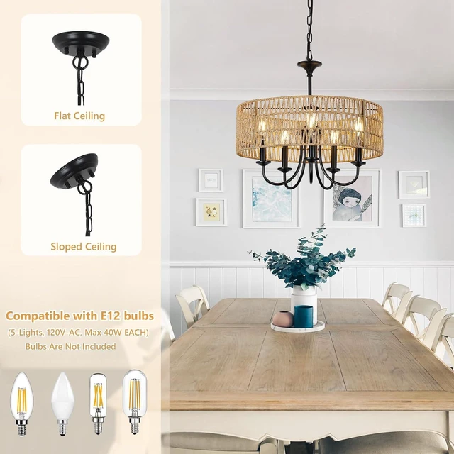 Alt view image 5 of 7 - LAMSU Modern Farmhouse Chandelier Light Fixtures, 5-Lights Large Rattan Pendant Lighting with Hand Woven Wicker Shade, Boho Black Chandeliers for Dining Room Living Room Kitchen Island Bedroom