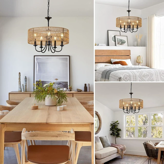 Alt view image 7 of 7 - LAMSU Modern Farmhouse Chandelier Light Fixtures, 5-Lights Large Rattan Pendant Lighting with Hand Woven Wicker Shade, Boho Black Chandeliers for Dining Room Living Room Kitchen Island Bedroom