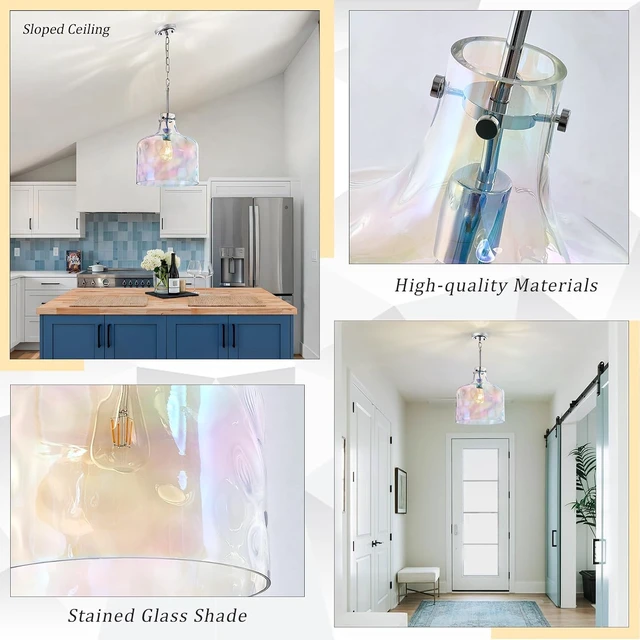 Alt view image 4 of 7 - Colorful Hammered Glass Pendant Light, Chrome Hanging Light, 12-Inch