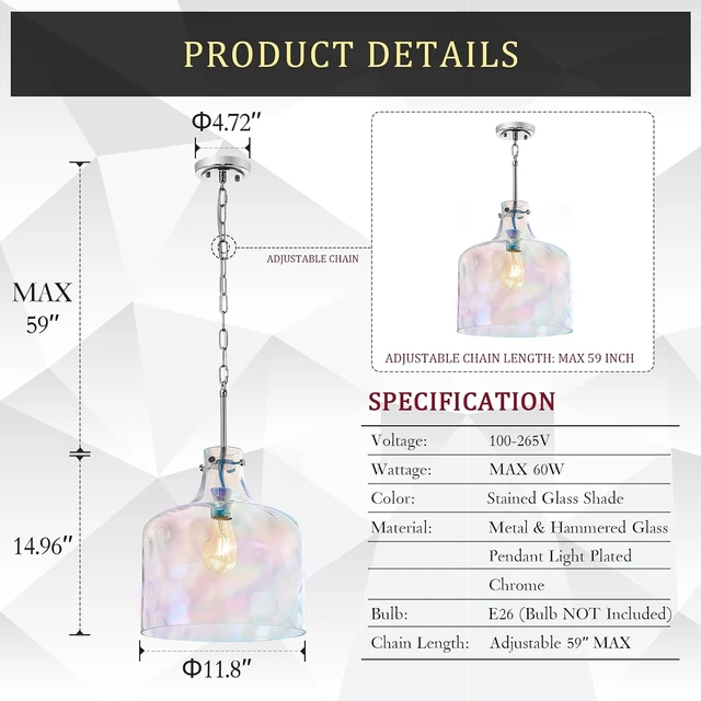 Alt view image 3 of 7 - Colorful Hammered Glass Pendant Light, Chrome Hanging Light, 12-Inch