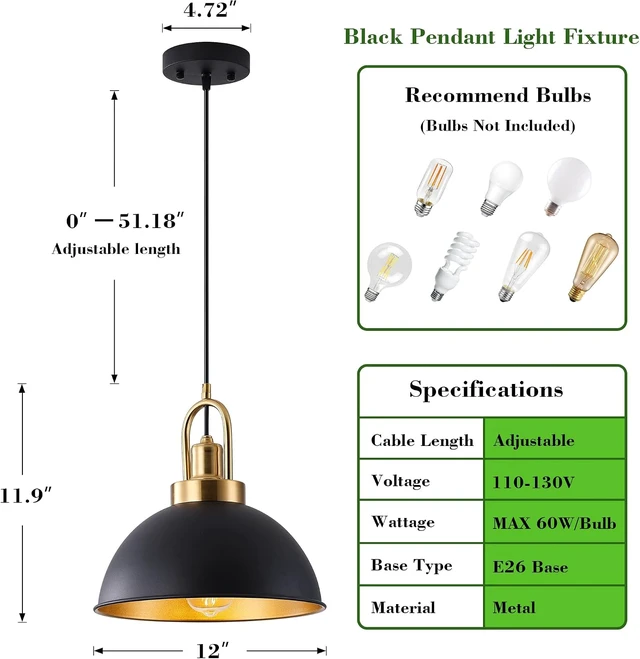 Alt view image 2 of 7 - Matte Black Farmhouse Pendant Light, Adjustable Height, Vintage Hanging Industrial Ceiling Lights Fixture for Kitchen Island Hallway Dining Room 2 Pack