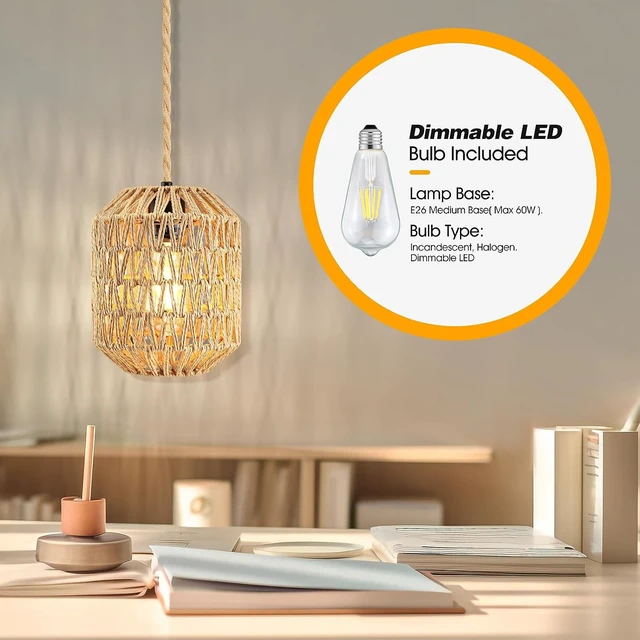Alt view image 2 of 7 - Plug In Pendant Light, 15FT Hemp Rope Cord,Hanging Lights With Plug In Cord Dimmable Rattan Hanging Lamp Wicker Woven Basket Lampshade, Industrial Plug In Ceiling Light Fixture For Kitchen (brown)