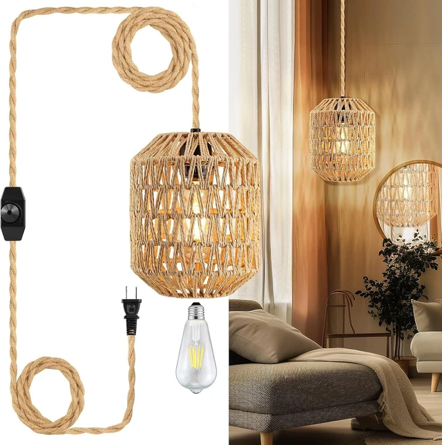 Main image of Plug In Pendant Light, 15FT Hemp Rope Cord,Hanging Lights With Plug In Cord Dimmable Rattan Hanging Lamp Wicker Woven Basket Lampshade, Industrial Plug In Ceiling Light Fixture For Kitchen (brown)