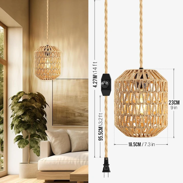 Alt view image 3 of 7 - Plug In Pendant Light, 15FT Hemp Rope Cord,Hanging Lights With Plug In Cord Dimmable Rattan Hanging Lamp Wicker Woven Basket Lampshade, Industrial Plug In Ceiling Light Fixture For Kitchen (brown)