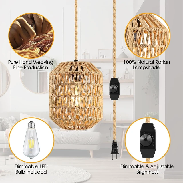 Alt view image 4 of 7 - Plug In Pendant Light, 15FT Hemp Rope Cord,Hanging Lights With Plug In Cord Dimmable Rattan Hanging Lamp Wicker Woven Basket Lampshade, Industrial Plug In Ceiling Light Fixture For Kitchen (brown)