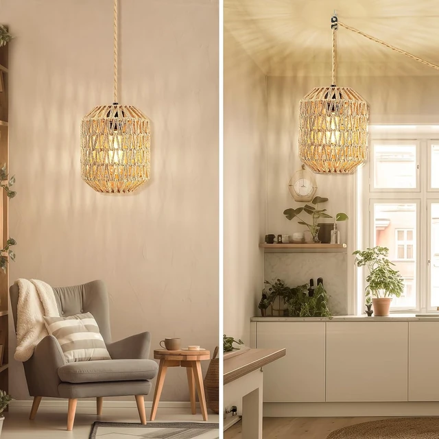 Alt view image 5 of 7 - Plug In Pendant Light, 15FT Hemp Rope Cord,Hanging Lights With Plug In Cord Dimmable Rattan Hanging Lamp Wicker Woven Basket Lampshade, Industrial Plug In Ceiling Light Fixture For Kitchen (brown)