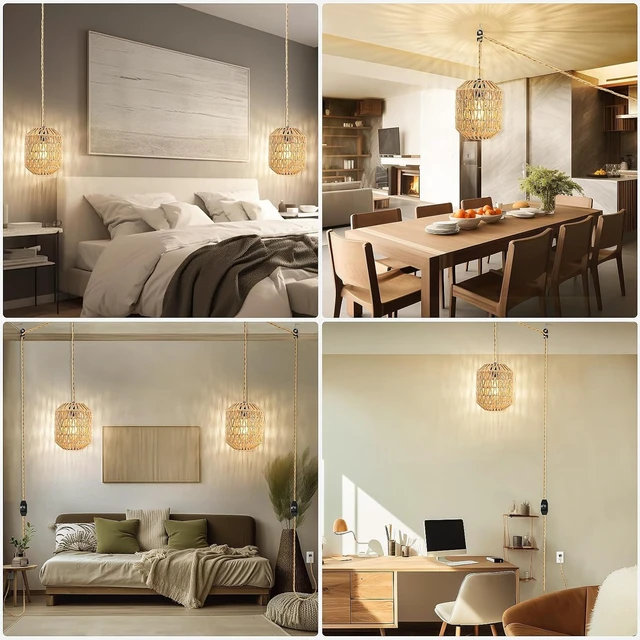Alt view image 7 of 7 - Plug In Pendant Light, 15FT Hemp Rope Cord,Hanging Lights With Plug In Cord Dimmable Rattan Hanging Lamp Wicker Woven Basket Lampshade, Industrial Plug In Ceiling Light Fixture For Kitchen (brown)