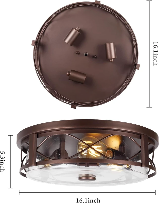 Alt view image 2 of 7 - 16 Inch Large Flush Mount Ceiling Light with Seeded Glass, 3-Light Bronze Round Ceiling Lamp, Modern Farmhouse Indoor Outdoor Ceiling Lighting for Kitchen Bedroom Living Dining Room