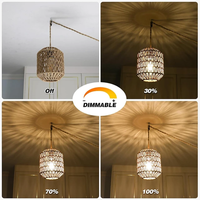 Alt view image 6 of 7 - Plug In Pendant Light, 15FT Hemp Rope Cord,Hanging Lights With Plug In Cord Dimmable Rattan Hanging Lamp Wicker Woven Basket Lampshade, Industrial Plug In Ceiling Light Fixture For Kitchen (brown)