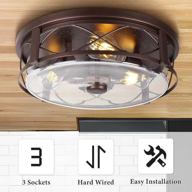 Alt view image 4 of 7 - 16 Inch Large Flush Mount Ceiling Light with Seeded Glass, 3-Light Bronze Round Ceiling Lamp, Modern Farmhouse Indoor Outdoor Ceiling Lighting for Kitchen Bedroom Living Dining Room
