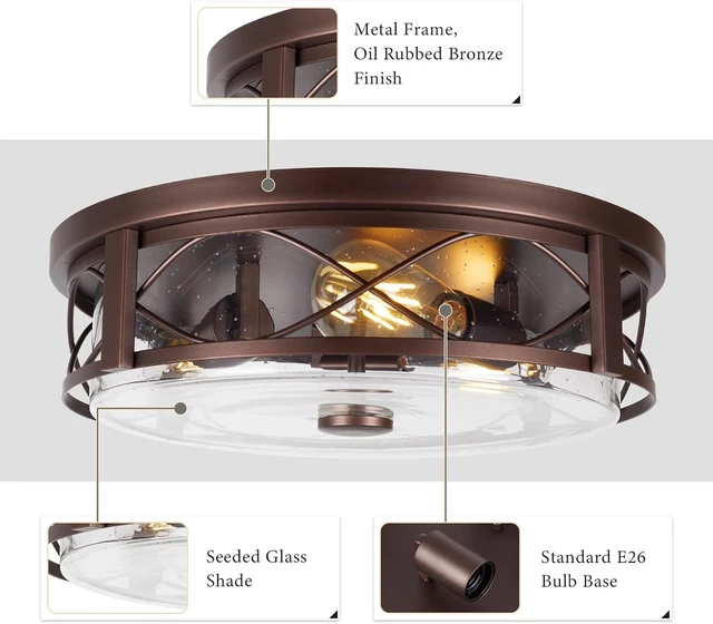 Alt view image 3 of 7 - 16 Inch Large Flush Mount Ceiling Light with Seeded Glass, 3-Light Bronze Round Ceiling Lamp, Modern Farmhouse Indoor Outdoor Ceiling Lighting for Kitchen Bedroom Living Dining Room