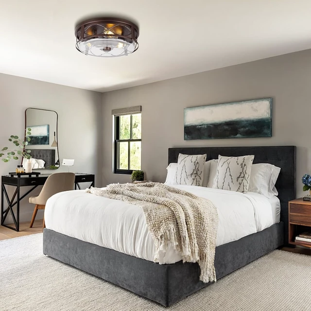 Alt view image 5 of 7 - 16 Inch Large Flush Mount Ceiling Light with Seeded Glass, 3-Light Bronze Round Ceiling Lamp, Modern Farmhouse Indoor Outdoor Ceiling Lighting for Kitchen Bedroom Living Dining Room