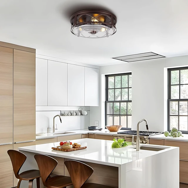 Alt view image 6 of 7 - 16 Inch Large Flush Mount Ceiling Light with Seeded Glass, 3-Light Bronze Round Ceiling Lamp, Modern Farmhouse Indoor Outdoor Ceiling Lighting for Kitchen Bedroom Living Dining Room