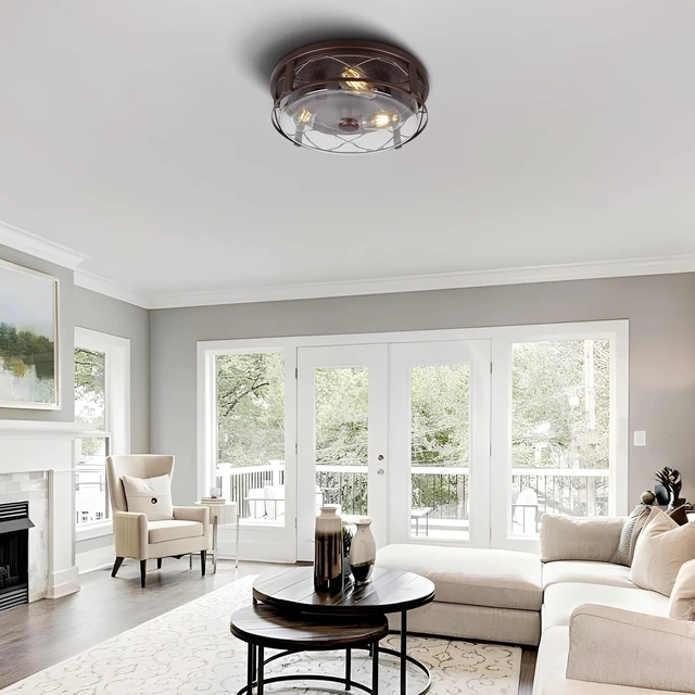 Alt view image 7 of 7 - 16 Inch Large Flush Mount Ceiling Light with Seeded Glass, 3-Light Bronze Round Ceiling Lamp, Modern Farmhouse Indoor Outdoor Ceiling Lighting for Kitchen Bedroom Living Dining Room