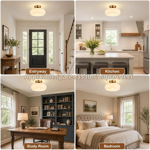 Alt view image 7 of 7 - Small Semi Flush Mount Ceiling Light Fixture, 11'' Vintage Mid-Century Gold with White Milk Glass Shade, Modern Farmhouse Lighting for Kitchen, Hallway, Bedroom, Foyer, Schoolhouse