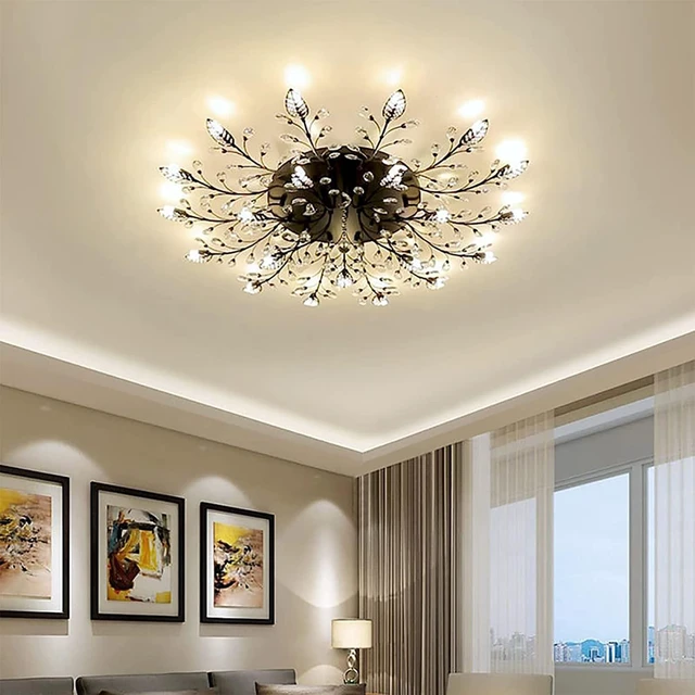Alt view image 3 of 6 - Crystal Flush Mount Ceiling Light,Semi Flush Mount Chandeliers,Crystal Leaf Ceiling Light, Chandeliers for Dining Room,Living Room,Bedroom (Black-15lights)