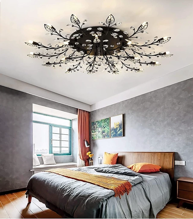 Alt view image 2 of 6 - Crystal Flush Mount Ceiling Light,Semi Flush Mount Chandeliers,Crystal Leaf Ceiling Light, Chandeliers for Dining Room,Living Room,Bedroom (Black-15lights)
