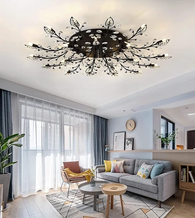 Alt view image 4 of 6 - Crystal Flush Mount Ceiling Light,Semi Flush Mount Chandeliers,Crystal Leaf Ceiling Light, Chandeliers for Dining Room,Living Room,Bedroom (Black-15lights)