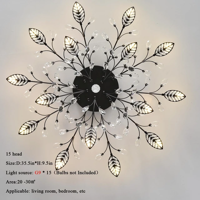 Alt view image 5 of 6 - Crystal Flush Mount Ceiling Light,Semi Flush Mount Chandeliers,Crystal Leaf Ceiling Light, Chandeliers for Dining Room,Living Room,Bedroom (Black-15lights)