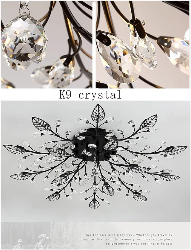 Alt view image 6 of 6 - Crystal Flush Mount Ceiling Light,Semi Flush Mount Chandeliers,Crystal Leaf Ceiling Light, Chandeliers for Dining Room,Living Room,Bedroom (Black-15lights)