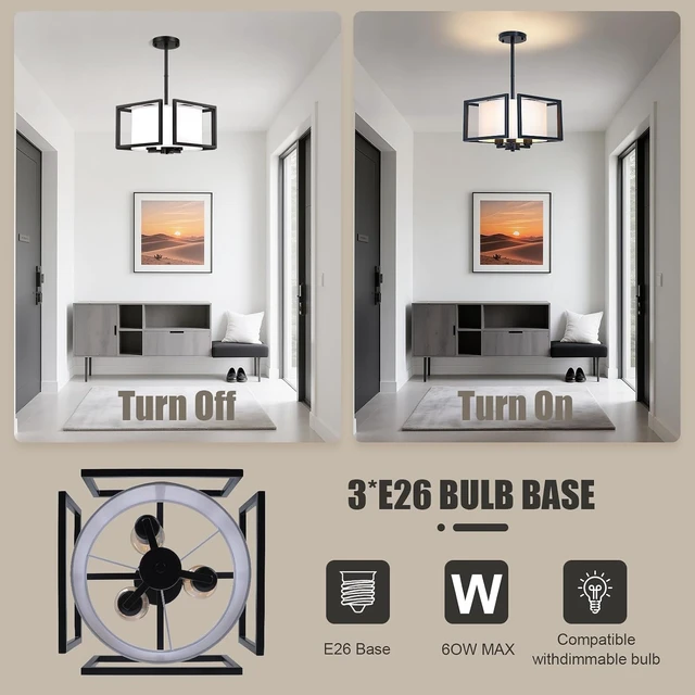 Alt view image 3 of 7 - FRIDEKO HOME Flush Mount Ceiling Light Fixture - 3-Light Modern Semi Flush Mount Ceiling Light with Fabric Shade Black Metal Frame Drum Ceiling Lights for Bedroom Hallway Kitchen Living Room Entryway
