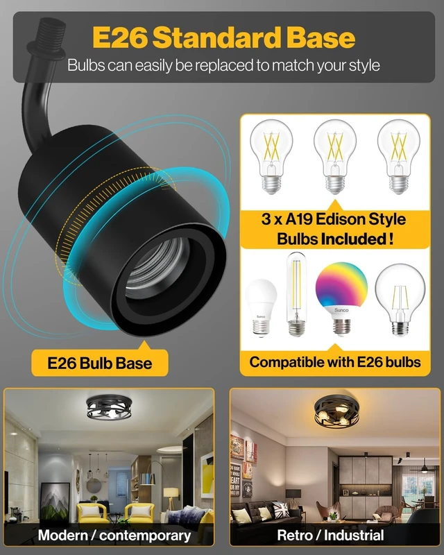 Alt view image 3 of 7 - Sunco 2 Pack Farmhouse 3-Light Flush Mount Ceiling Fixtures, E26 Base