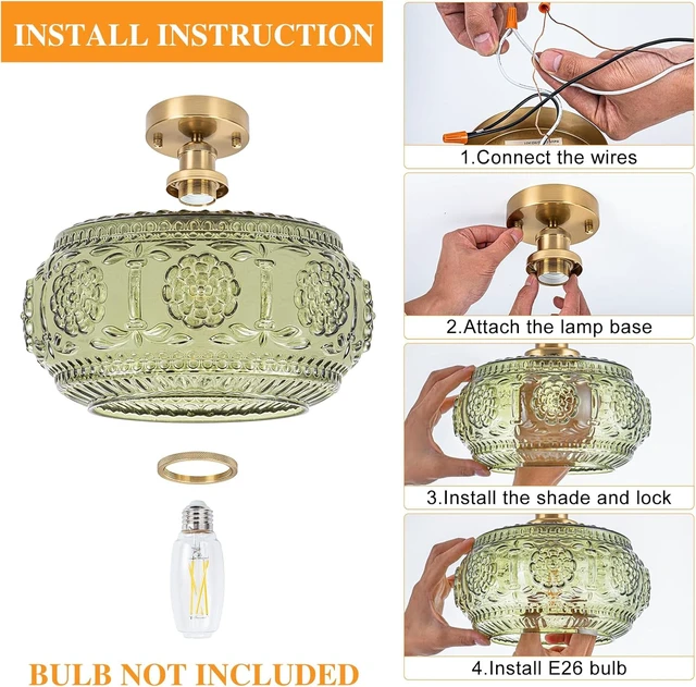 Alt view image 6 of 7 - Semi Flush Mount Ceiling Light Fixture - Brass & Gold Floral Design, Green Glass Shade, Vintage Modern Lighting for Kitchen, Bathroom, Entryway (Bulb Not Included)