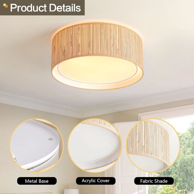 Alt view image 3 of 6 - WINGBO 15.7" Modern 3-Light Flush Mount Ceiling Light Fixture with Fabric & Acrylic Double Drum Shade for Bedroom Living Room Dining Room Hallway Entryway, Wood Grain