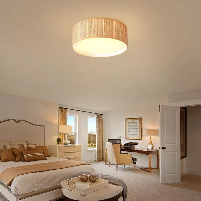 Alt view image 6 of 6 - WINGBO 15.7" Modern 3-Light Flush Mount Ceiling Light Fixture with Fabric & Acrylic Double Drum Shade for Bedroom Living Room Dining Room Hallway Entryway, Wood Grain