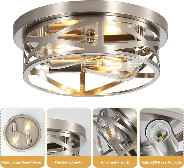Alt view image 4 of 7 - Brushed Nickel Flush Mount Ceiling Light Fixture,2-Light Industrial Farmhouse Ceiling Light FixtureBrushed Nickel Light Fixture Ceiling Mount for Kitchen Bedroom Living Room 1 Pack